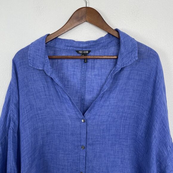 Nic+Zoe Linen Shirt Plus Size 2X Blue Button Front Oversized Beachy Coastal - Picture 2 of 7